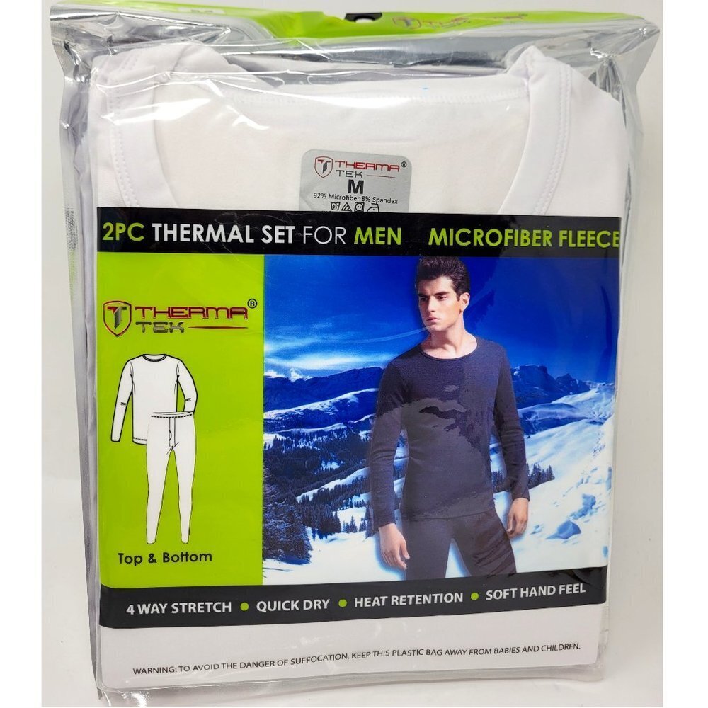Men's Thermal Long Johns Warm Underwear Set, Microfiber Fleece, White